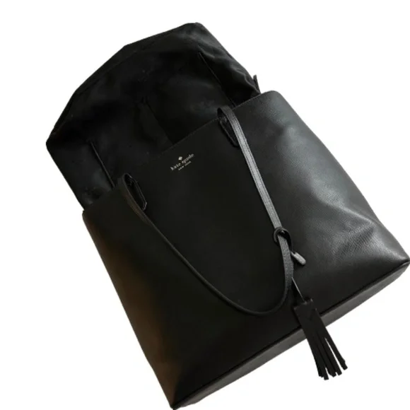 $298 Kate Spade Women's Medium Black & Gold Logo Leather Tote Bag & Bow Key Fob - Picture 9 of 16